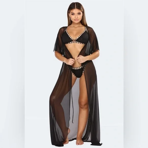 PLUS SIZE Black Sheer Mesh Midi Sleeve Drawstring Waist Maxi Kimono Cover Up - Picture 9 of 9